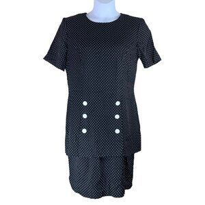 Vintage Dress WNY Size 12 Black White Polka Dot Short Sleeved Layered Button